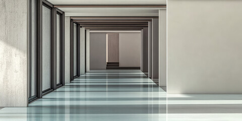 Modern corridor with glossy flooring and spacious design in minimalist architecture