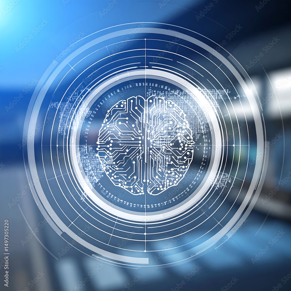 Poster abstract tech background featuring a digital brain within circular patterns. evokes artificial intel