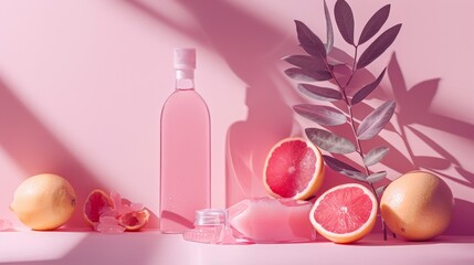 An eyecatching and vibrant display showcasing an array of colorful citrus fruits along with a pink beverage bottle