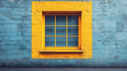 Vibrant yellow window contrasts with textured blue wall in urban setting