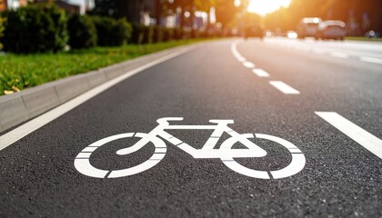 white bicycle sign painted on asphalt road, city cycling concept