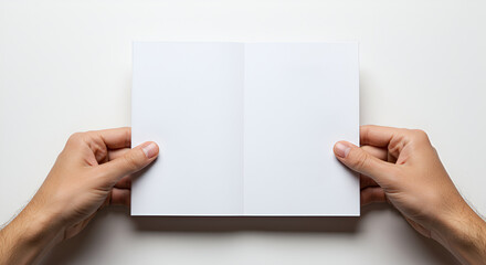 Obraz premium Man holding an open blank white book or brochure with two blank pages. Mock up concept for presentation creative design.