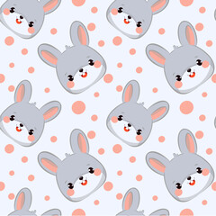 Seamless drawing of a gray bunny's face in chibi kawaii style. Cute and cartoonish mascot on a white background with pink circles. Perfect for kids artwork, stickers, nursery decor, prints and