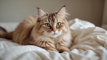 Naklejka premium Cute fluffy cat with green eyes resting on a bed