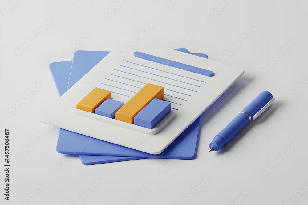 Poster 3d render of a simple bar graph on a pad with a pen