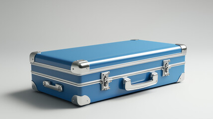 A neatly closed blue suitcase, complete with its metallic hardware,