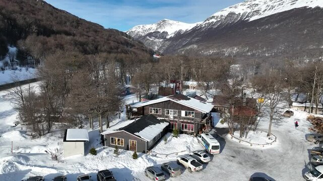 Las Cotorras Valley In Ushuaia Tierra Del Fuego Argentina. Stunning Countryside Life Landscape Viewed From Above. South Pole Lake Expedition Exploring. South Pole Forest Trees.