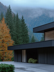 Modern house stands amidst colorful autumn trees and majestic mountains in the evening light