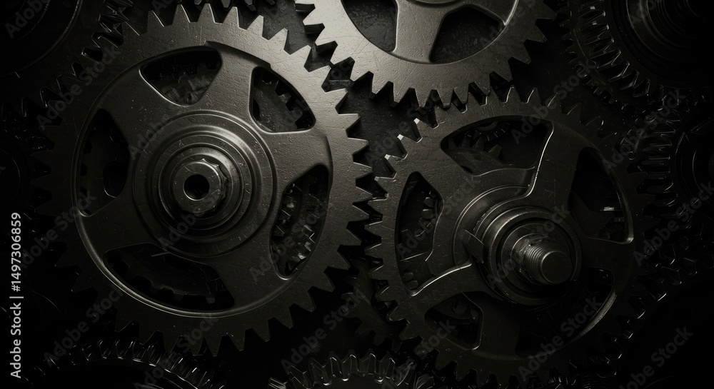 Poster intricate metal gears interlock, creating a mesmerizing mechanical system in dark tones