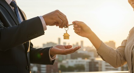 Keys exchanged between hands against a cityscape, symbolizing ownership transfer