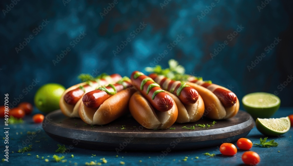 Poster top view of appetizing sausages and vegetables on a textured background with space for text