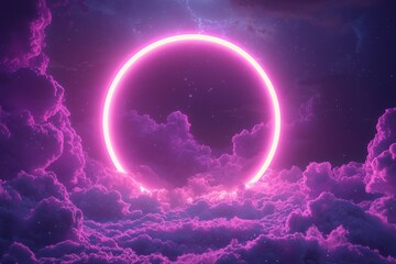 Neon Pink Circle Glowing in Dreamy Cloudscape with Starry Night Sky and Ethereal Atmosphere