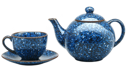 Blue speckled ceramic teapot and cup with saucer, designed for hot beverages, featuring glossy finish and rounded shape