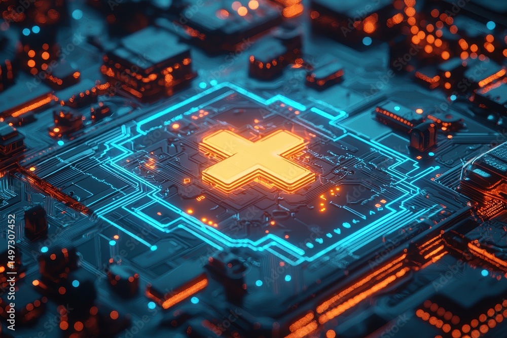 Wall mural futuristic circuit board with glowing neon elements and central x symbol in high-tech digital enviro