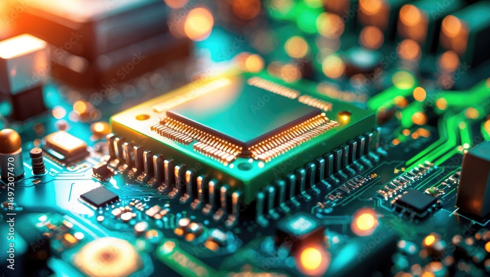 Poster shallow depth of field macro shot of a processor chip on a circuit board.