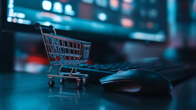 Creative tech-themed shot of online buyer using dual screens, tiny cart symbolizing e-commerce placed beside wireless mouse, depth of field drawing attention to metallic cart