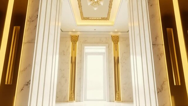 An impressive and palatial architectural interior with symmetry and grandiosity. It features detailed marble columns and a decorative ceiling, bathed in radiant light.