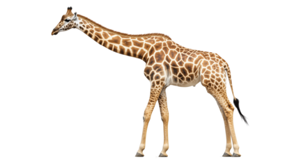 Graceful Giraffe in Profile: A majestic giraffe, renowned for its long neck and distinctive spotted pattern, strides confidently, portraying the beauty of the animal kingdom.