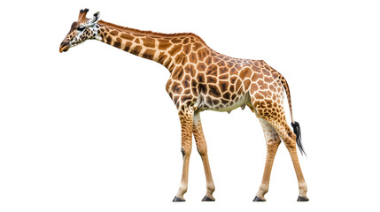 Fototapeta premium Majestic Giraffe in Profile: A tall giraffe with its distinctive long neck and unique spotted pattern, stands in profile against a clean background.