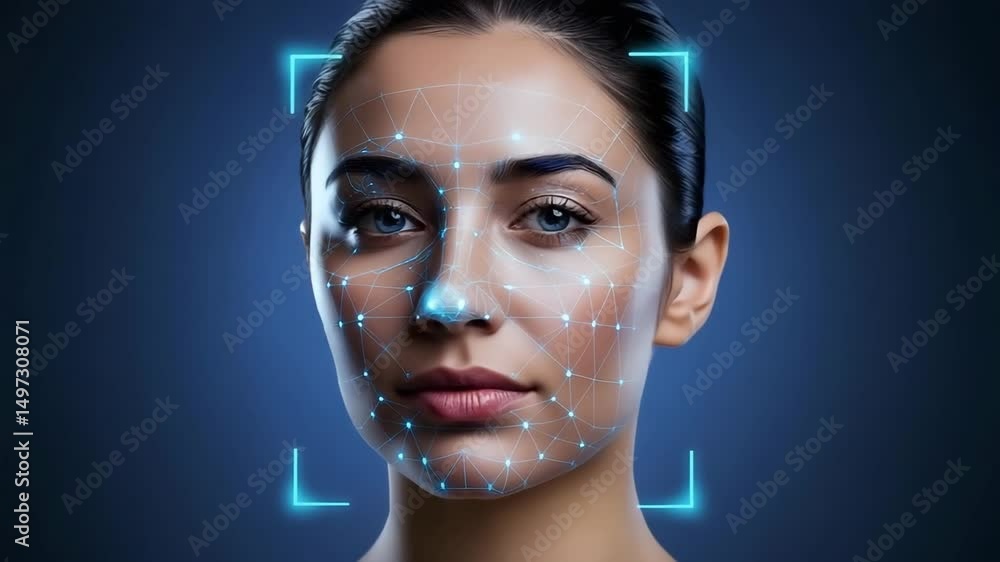 Poster facial recognition technology scans a womans face, highlighting points for biometric identification 