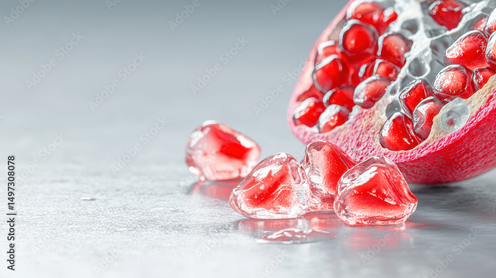 Poster juicy pomegranate with vibrant red seeds and ice cubes on smooth surface, creating refreshing and ap
