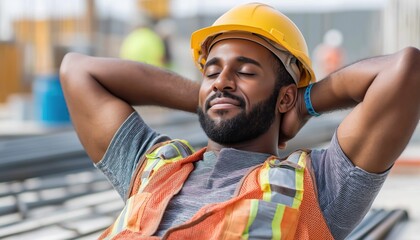 Construction worker relaxing with hands behind head at construction site