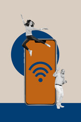 Image vertical 3d collage poster of happy business partners stand phone device screen wifi icon fast 5g network connection