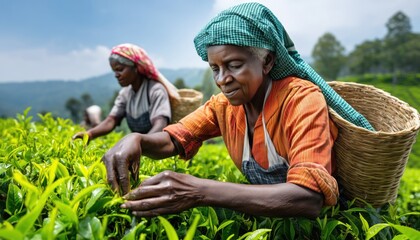 Tea plantation workers harvesting leaves in scenic landscape