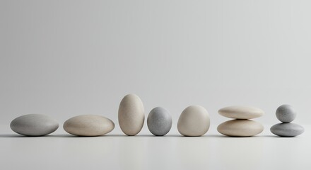 Minimalist Zen Stones in Line on White Background (Balance and Simplicity). Generative AI.