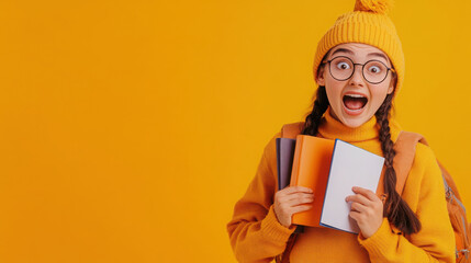Excited student holding books for back to school on a vibrant yellow background