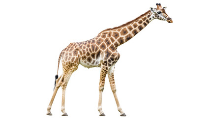 Fototapeta premium Giraffe on White: A majestic giraffe stands gracefully against a clean white background, showcasing its distinctive coat pattern and long neck. 