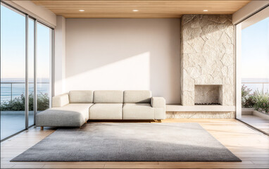 Obraz premium Modern living room with a panoramic view of the ocean at sunset in a coastal setting