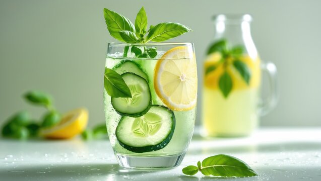Cucumber detox water served in a glass. DIY flavored lemonade. Basil and lemon cucumber water or lemonade in a glass. Vertical perspective. - Powered by Adobe