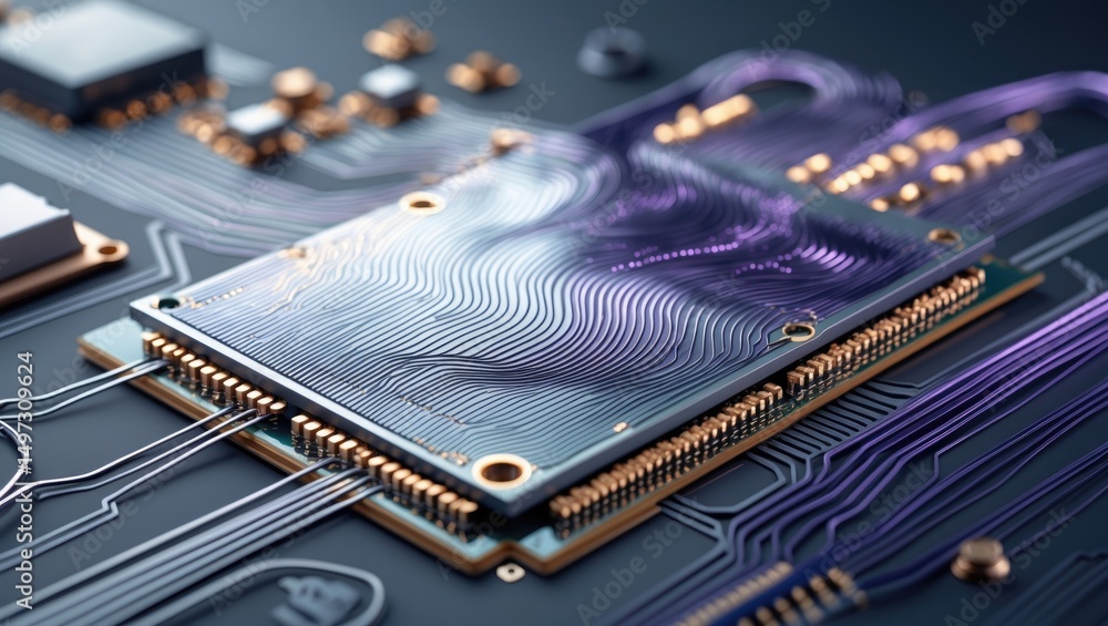 Poster smart technology circuit board designed with a visually appealing intricate wave line, illustrating 