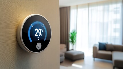 Smart thermostat displaying room temperature on a wall in a modern living room