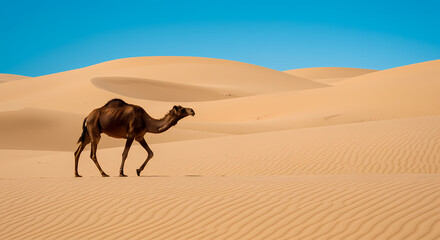 Camel in Sahara Desert: Stunning Sand Dunes & Blue Sky