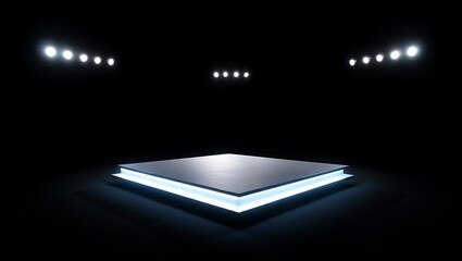 Illuminated platform under spotlights in a dark studio environment