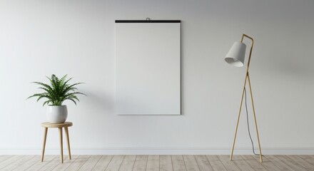 Interior scene with blank poster, plant and lamp for mockup, presentation, or decoration purposes.