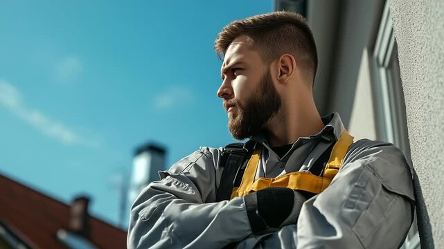 HVAC technician in uniform inspecting an external AC unit on the side of a house, a focus on the compressor and ventilation system as tools and diagnostic equipment surround him