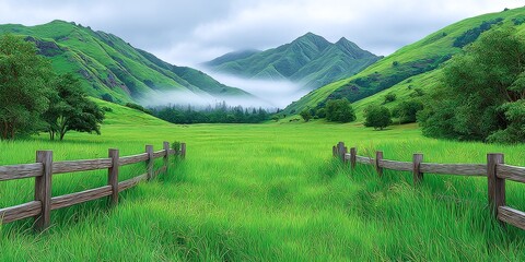 A misty field with light drizzle hanging in the air