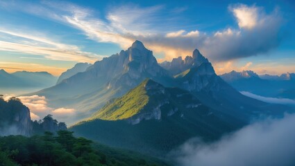 Obraz premium Serene image of vast mountains against a clear, cloudy backdrop