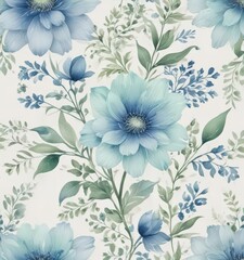 Soft blue and green watercolor flower details on a creamy white backdrop  Delicate, intricate pattern ,  petals,  cream,  botanical