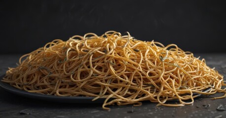 Dark slate plate, tangled spaghetti strands, deep shadows ,  rustic,  food