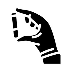 gloved hand holding toxic sample chemical pollution glyph icon vector illustration
