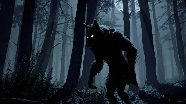 Eerie werewolf stalking through moonlit forest under full moon