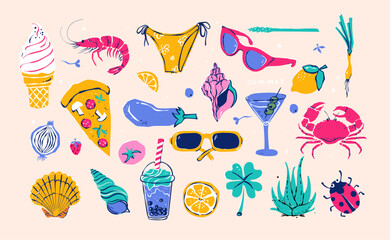 Set of cute summer icons: summer food, fruits, crab, sun, rainbow, roller skate. Bright summertime card. Collection of scrapbooking elements for a beach party. Isolated on white.