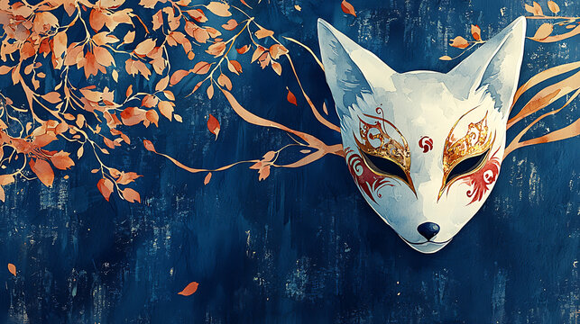 A white kitsune mask with red markings, set against a dark blue background with cherry blossoms.