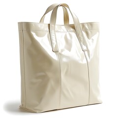 Elegant cream-colored glossy tote bag with double handles against white backdrop
