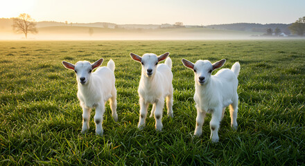 Adorable Baby Goats in Misty Sunrise Field - Cute Farm Animals