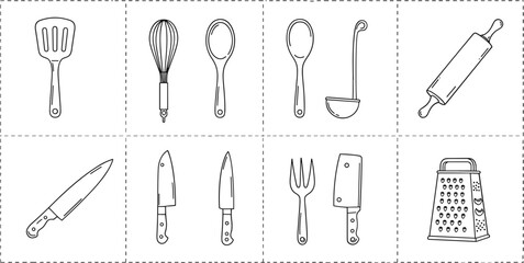 Kitchen utensils collection in sketch style on white background  